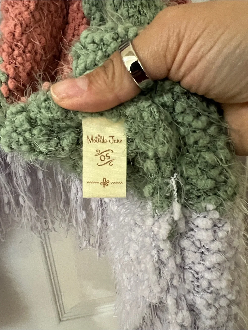 Matilda Jane Colorblock Fringe Shawl in Coral, Sage & Light Gray